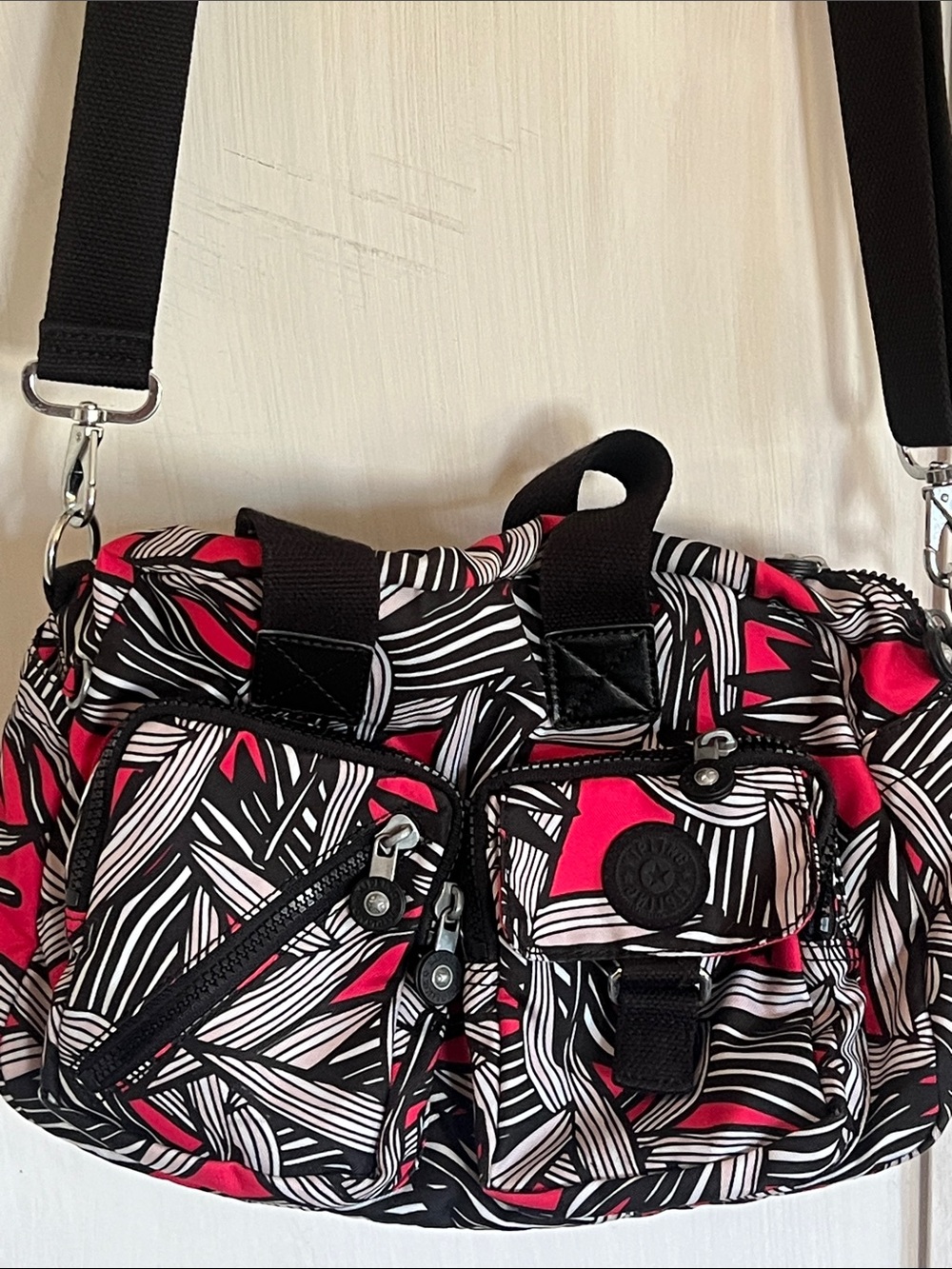 Kipling Patterned Crossbody Tote Bag in Black, White & Pink